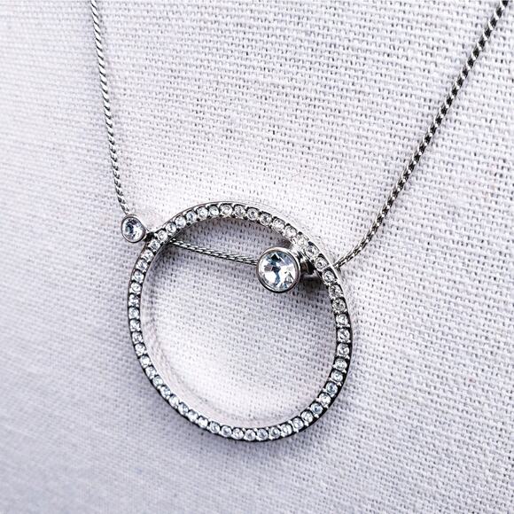 Swarovski Necklace Swan Signed Crystal Circle Pendant Silver Tone Pave 14" - 17" - Picture 1 of 10